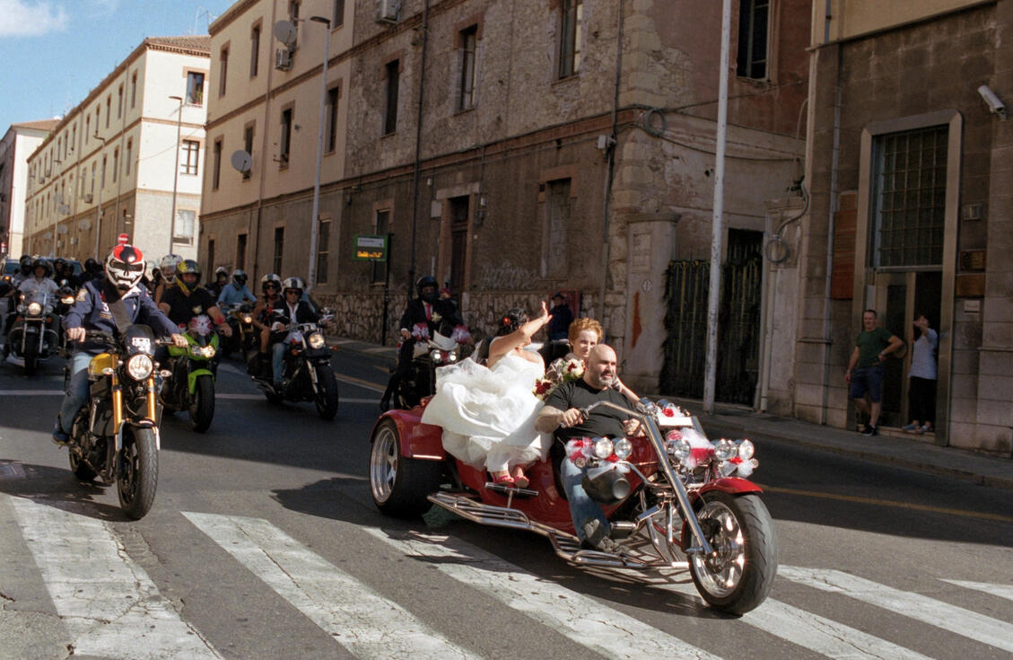 Motorcycle wedding procession through Cagliari, Sardinia
